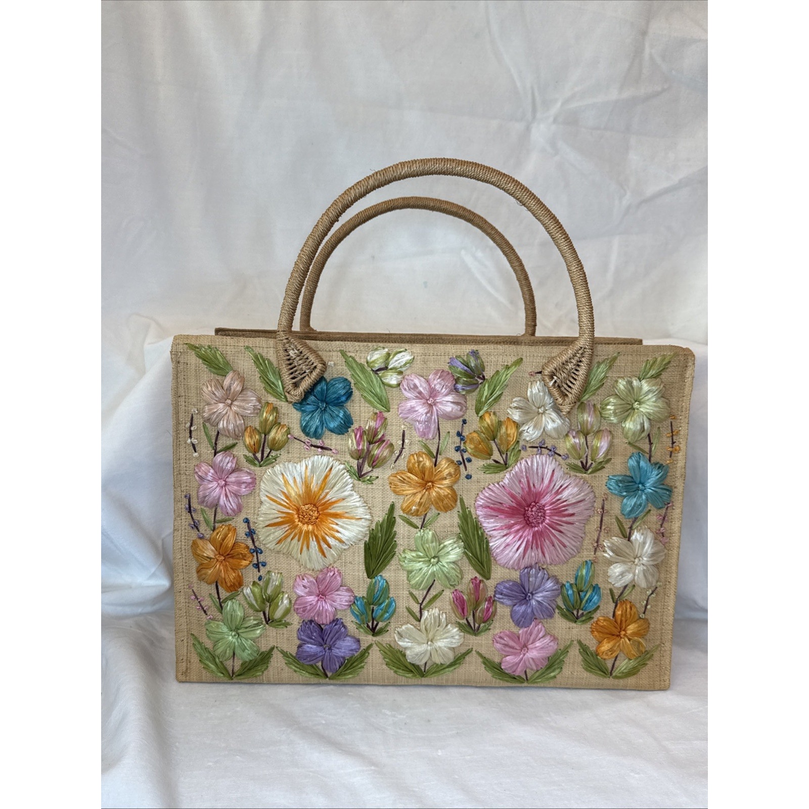 Vtg Woven Straw Raffia Large Purse Tote Bag Floral 12”X 17”